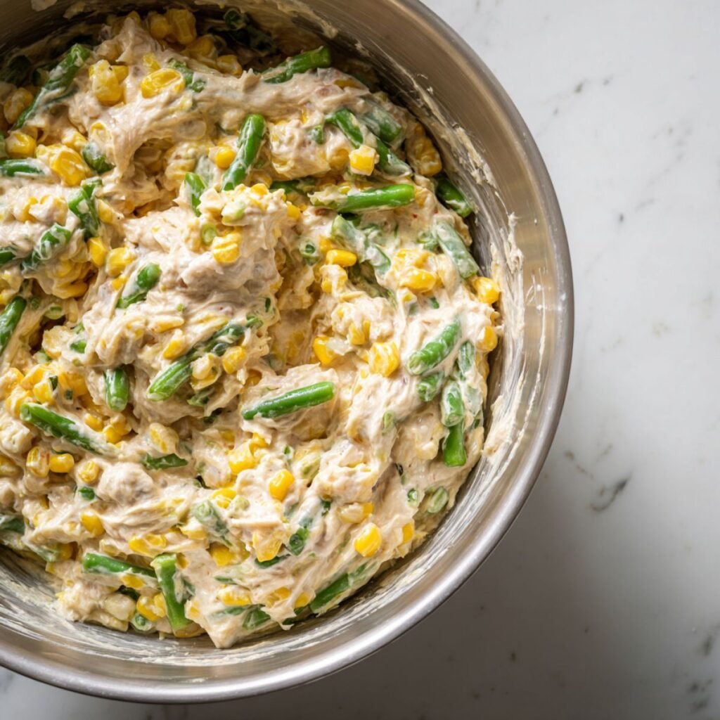 Cream of mushroom soup, sour cream, corn, and green beans being mixed in a bowl on a marble counter.