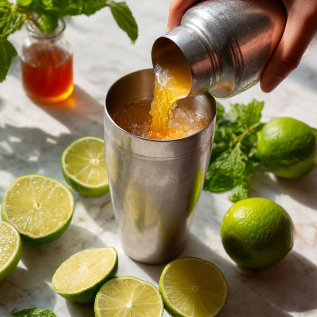 A hand pouring aged rum into a cocktail shaker filled with ice, surrounded by fresh limes, mint, and orgeat syrup on a white marble counter during the mixing process for a Mai Tai cocktail.