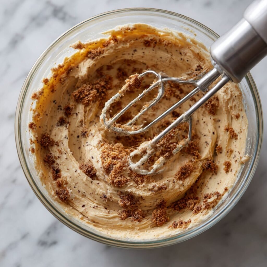 A glass bowl containing a thick mixture of mascarpone, espresso, and crushed ladyfingers with electric mixer beaters resting in the batter.