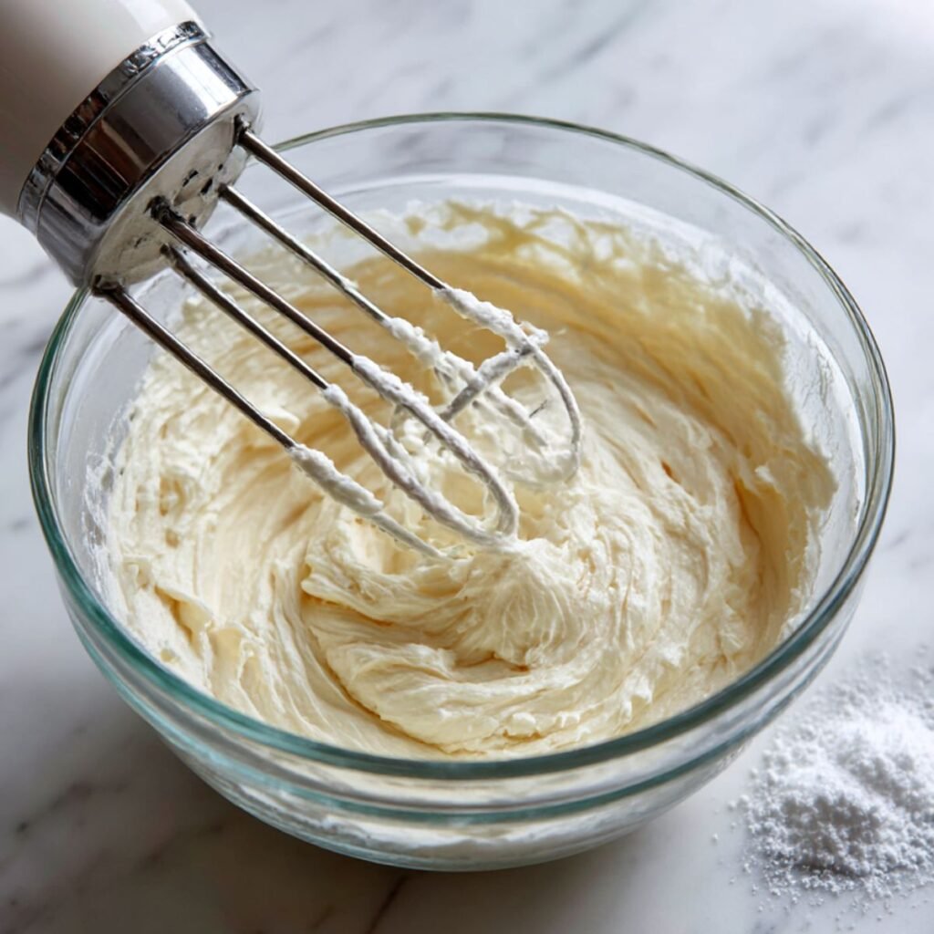 An electric hand mixer beating mascarpone cheese and powdered sugar in a glass bowl to create a smooth, creamy tiramisu filling on a marble counter.