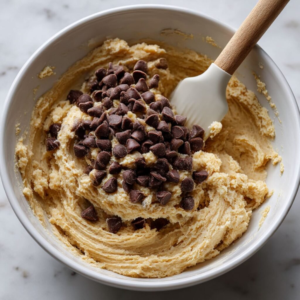 Mini chocolate chips being folded into a thick cashew and protein powder dough in a mixing bowl.