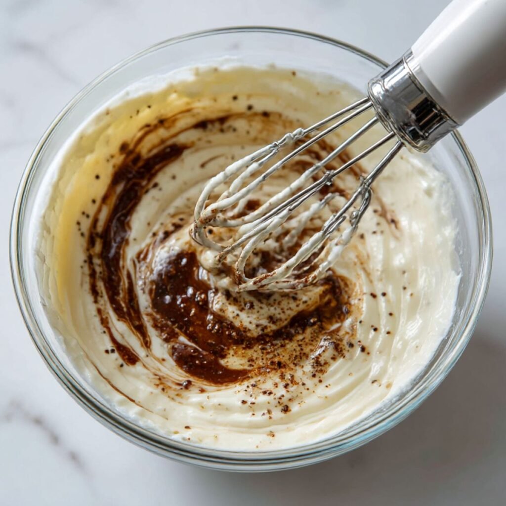 Electric mixer beaters swirling molasses and spices into creamy cheesecake batter in a glass bowl.
