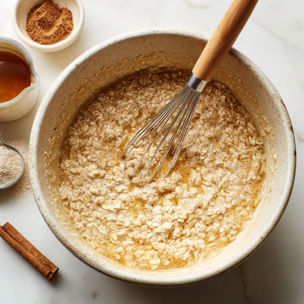 Mixing bowl with oats milk and cinnamon mixture and a whisk on a marble counter.