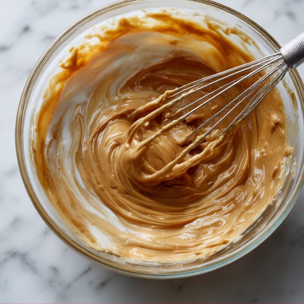 Peanut butter pudding mix, milk, and condensed milk being whisked in a glass bowl on a marble counter.