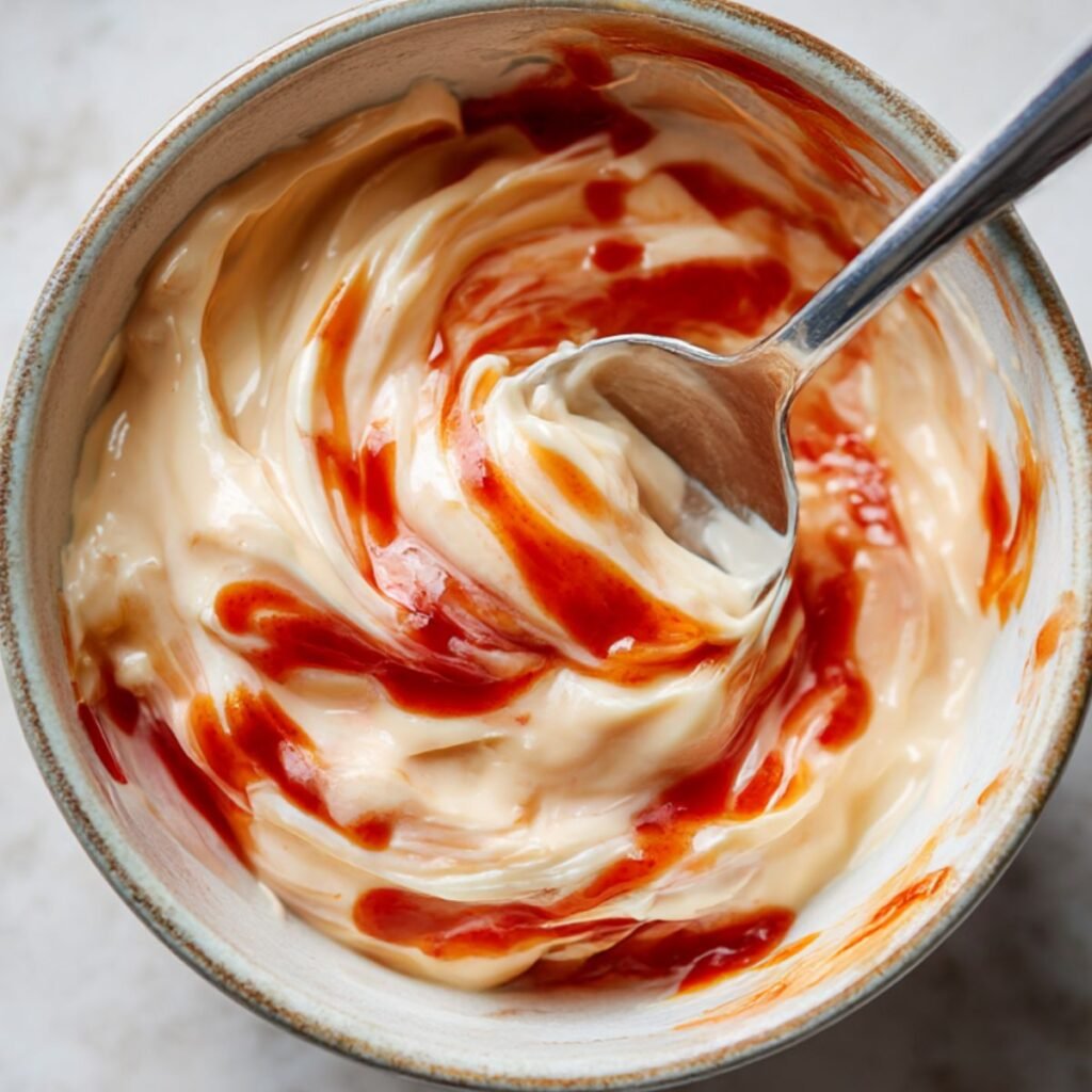 Spicy mayo being mixed for salmon sushi bake topping.