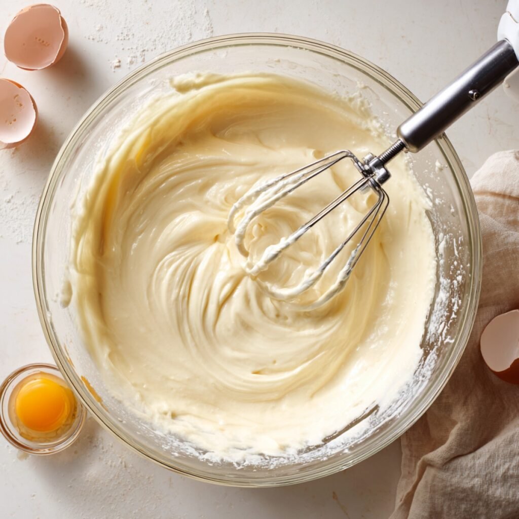 Creamy cheesecake filling being mixed for sugar cookie cheesecake.