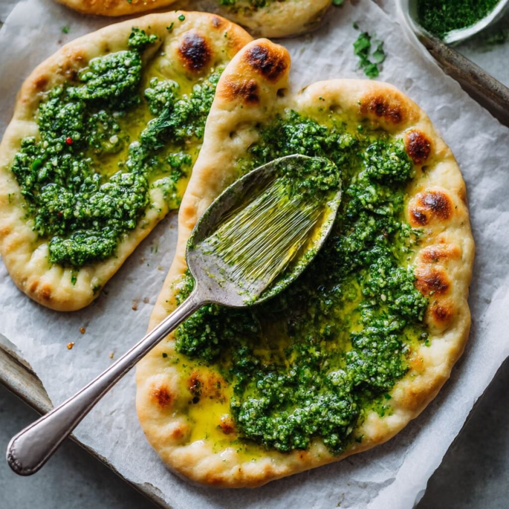 Spreading basil pesto over naan for pesto chicken flatbread base.