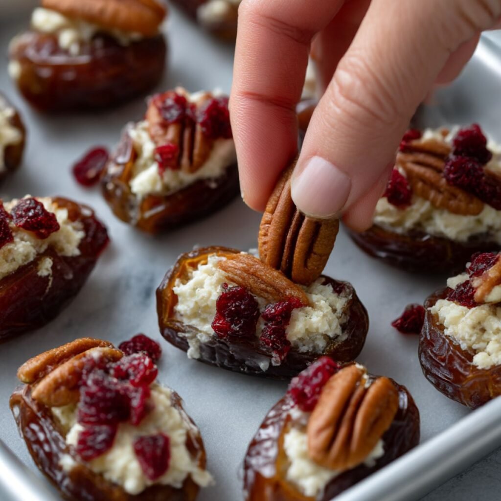 Hands pressing a pecan half and dried cranberry pieces into the cream cheese filling of a stuffed date.