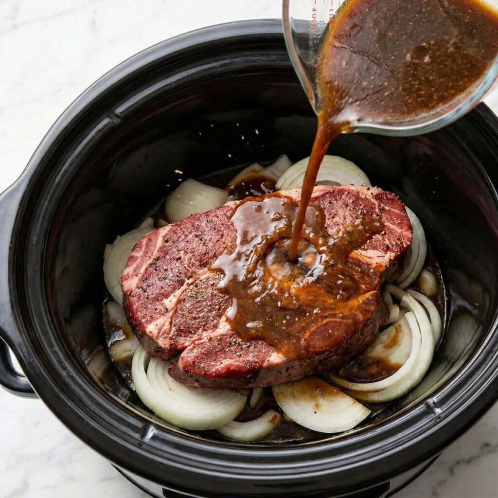 Pouring beef broth and onion soup mixture over a raw roast in a slow cooker.