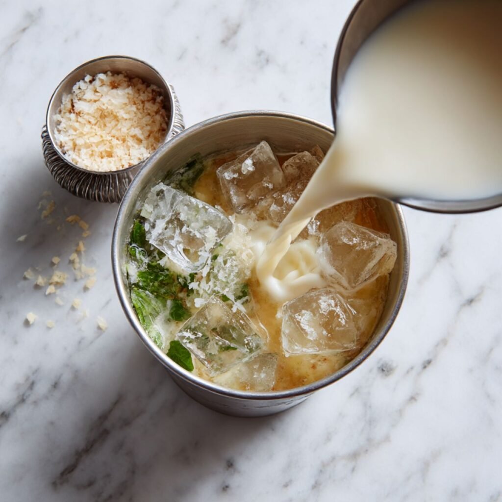 Thick white coconut cream being poured into a cocktail mixture of mint and rum.