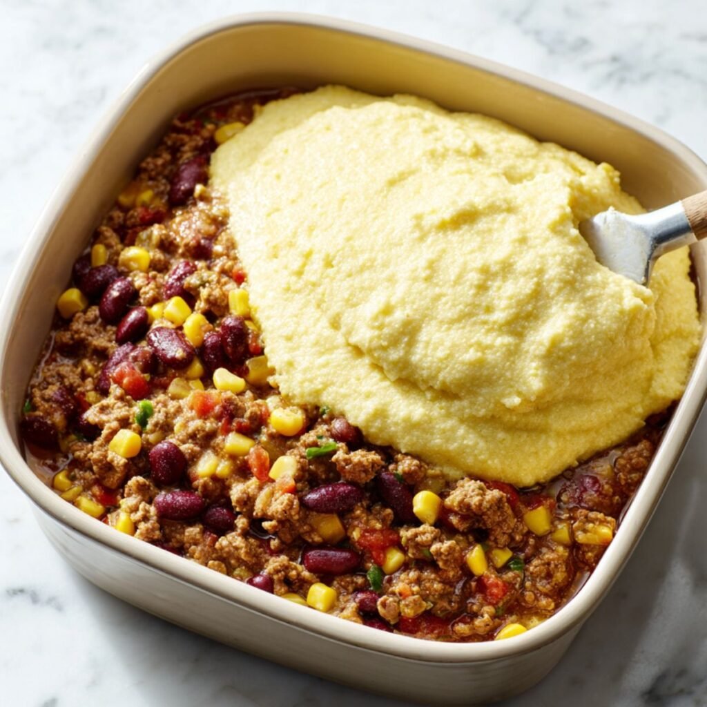 Cornbread batter being poured over beef and bean casserole filling in a baking dish.