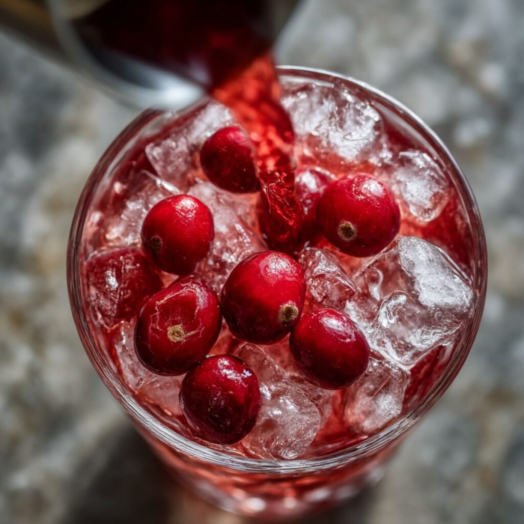 Pouring cranberry juice from a jigger into an ice-filled copper mug for a Holiday Moscow Mule.