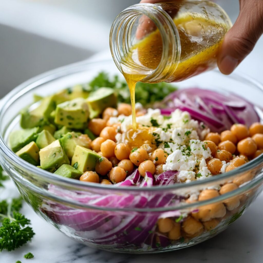 Pouring lemon herb dressing over a glass bowl filled with chickpeas, avocado chunks, red onion, and crumbled feta cheese before tossing.