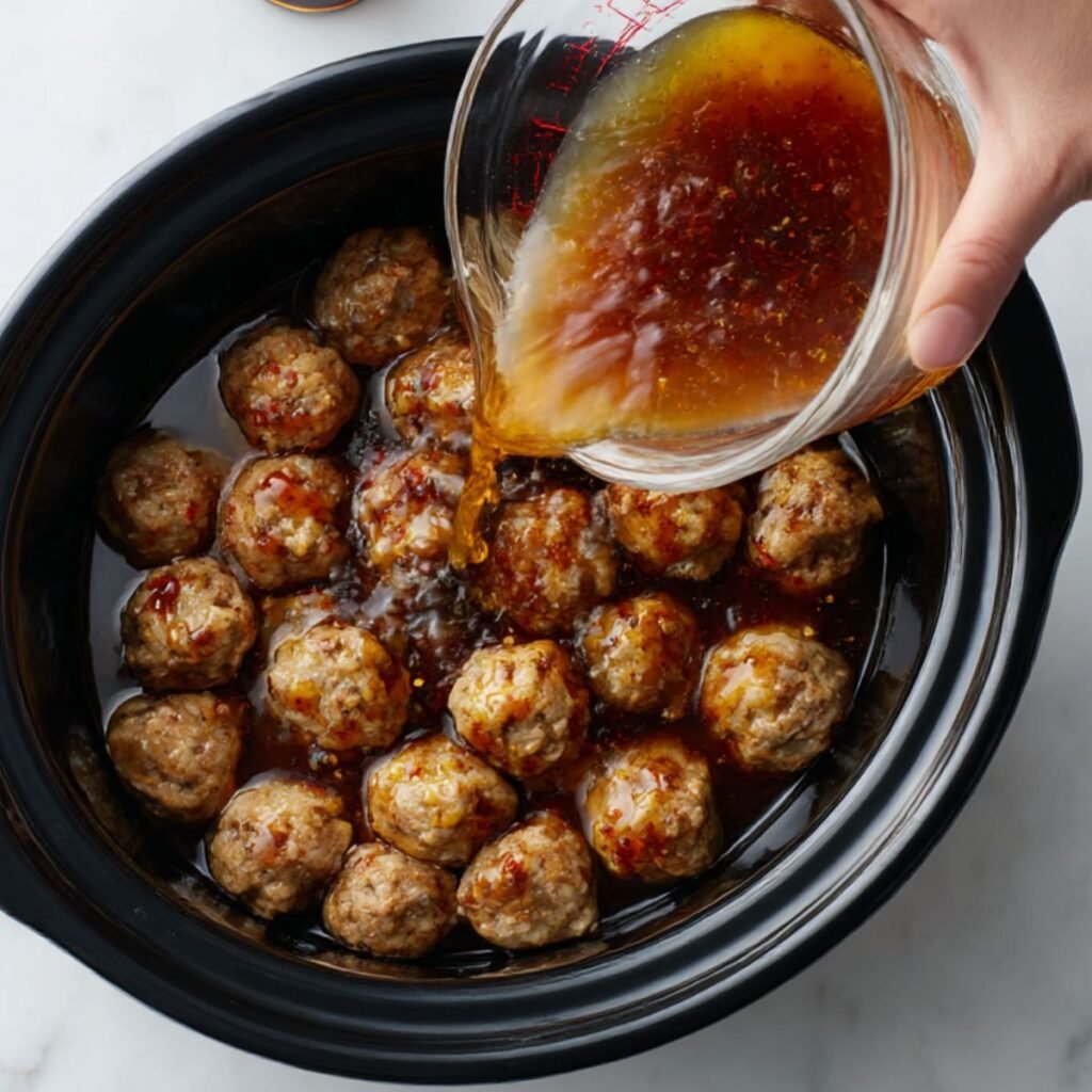 Pouring a rich beef broth and onion soup mix gravy over raw meatballs in a slow cooker before cooking.