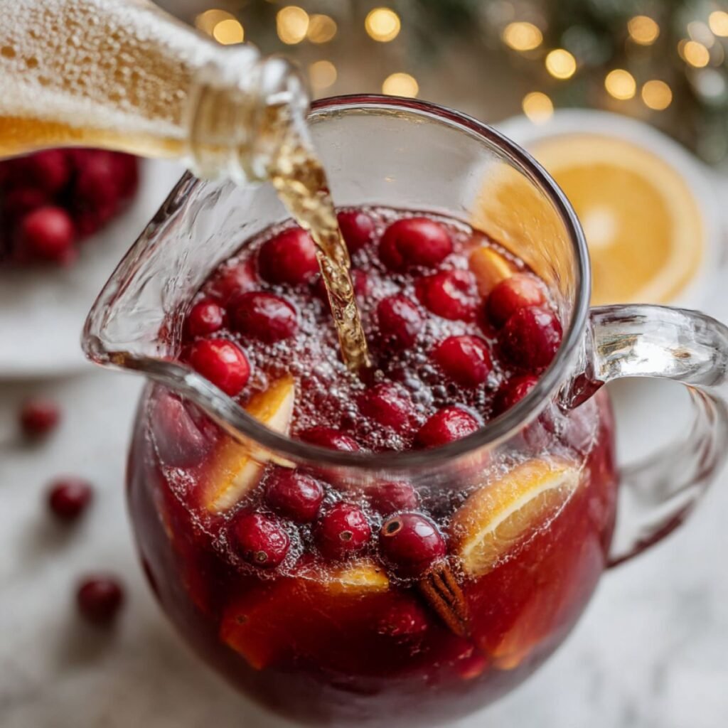 Pouring fizzy ginger beer into a pitcher of red sangria filled with cranberries, oranges, and cinnamon sticks.