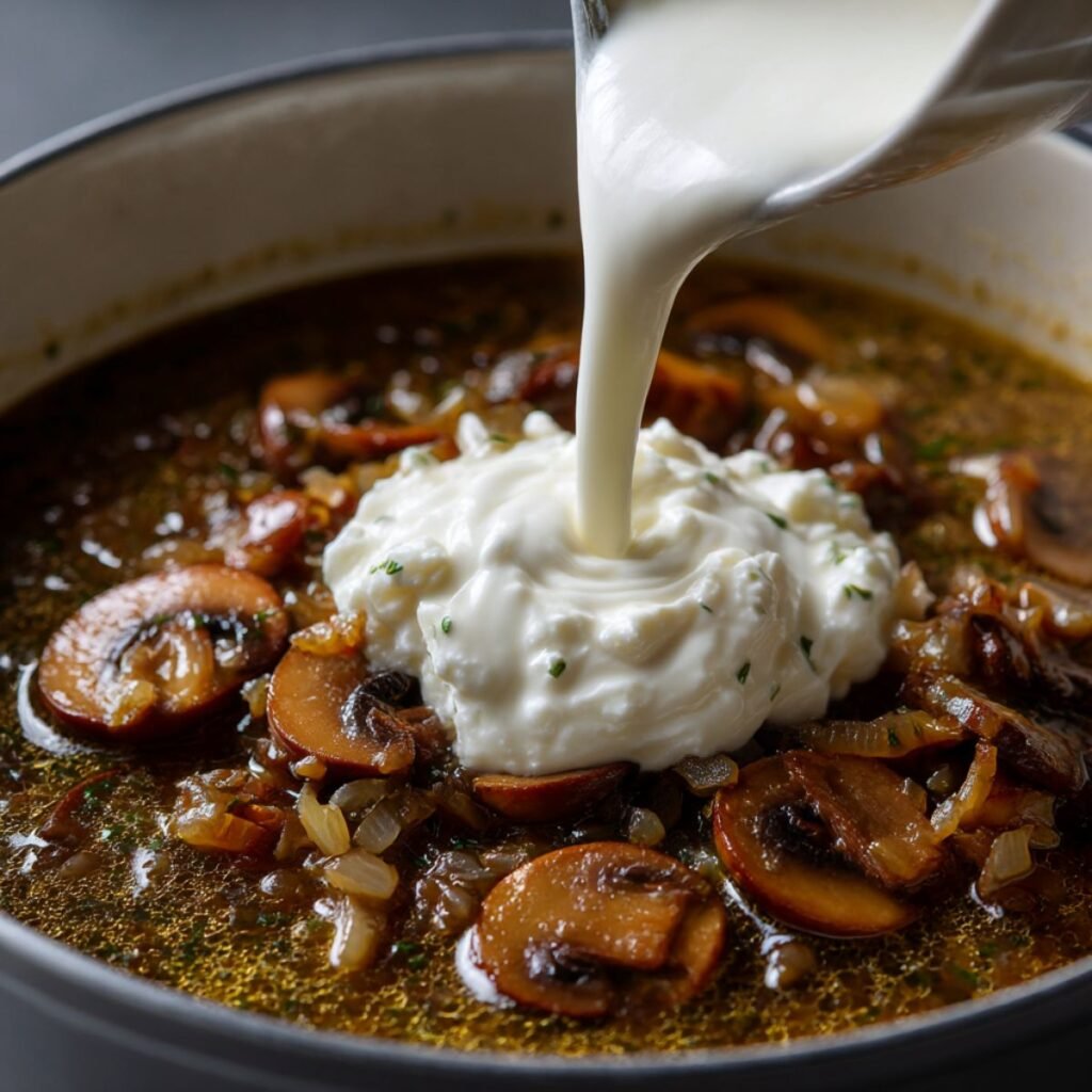 Heavy cream being poured into a pot of simmering mushroom broth to make it creamy.