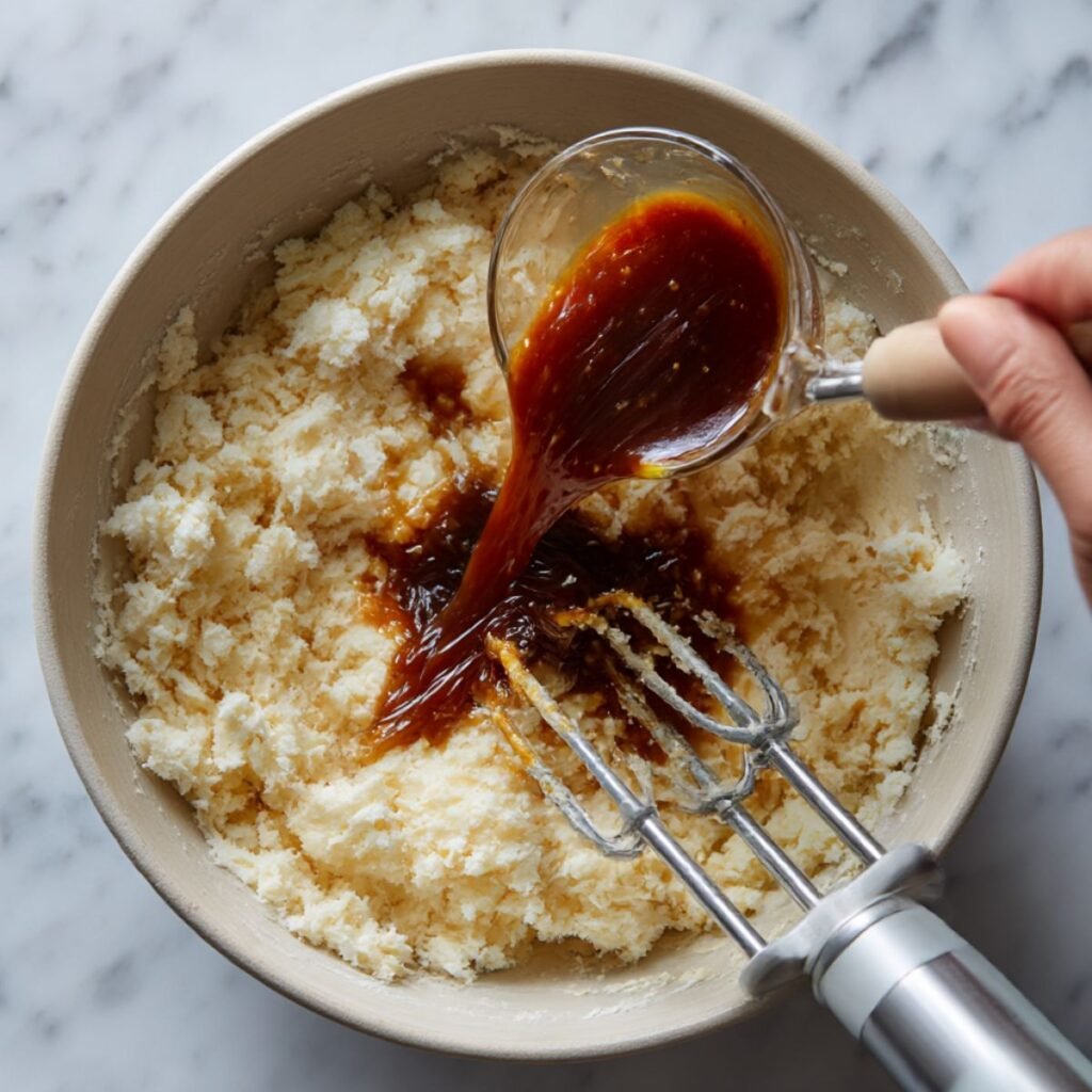 Pouring thick dark molasses into creamed butter and sugar in a mixing bowl to make gingerbread dough.