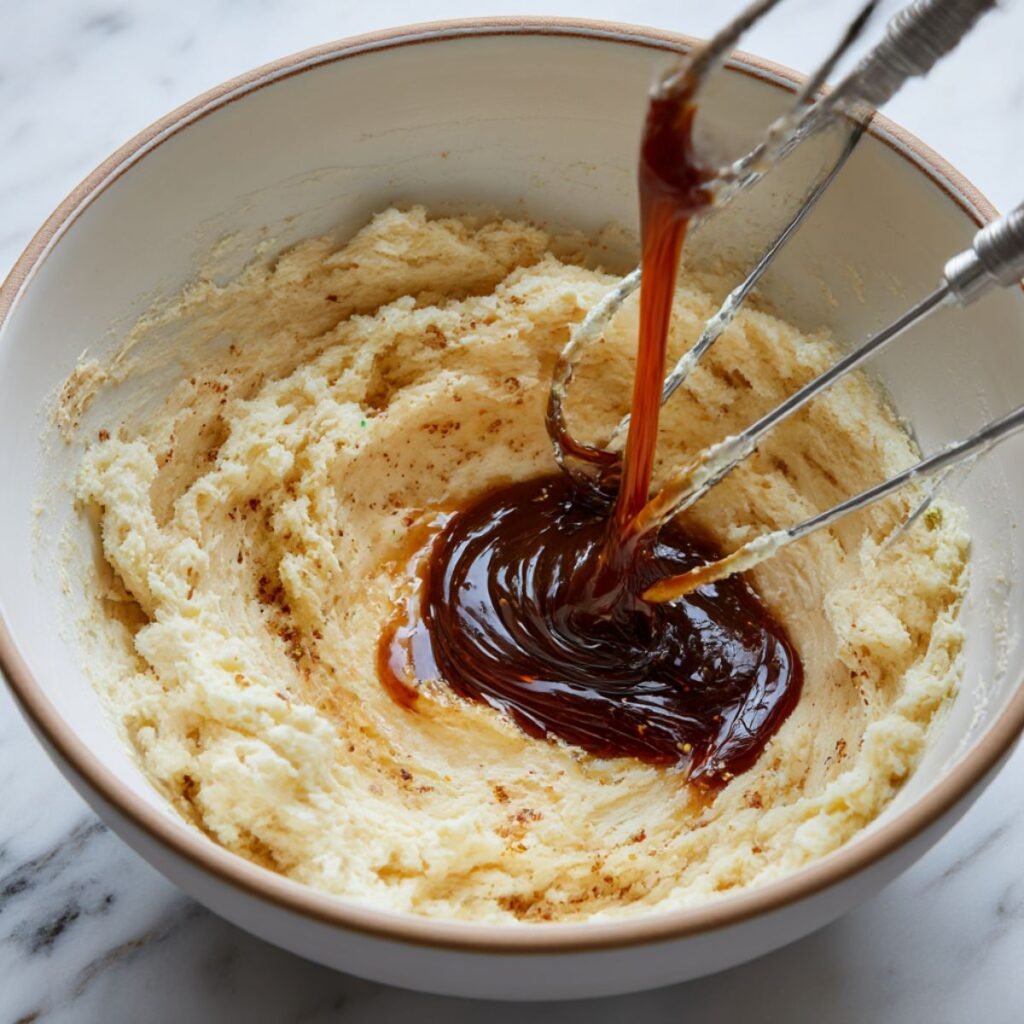 Thick dark molasses pouring into a bowl of creamed butter and sugar to make gingerbread cookie dough.