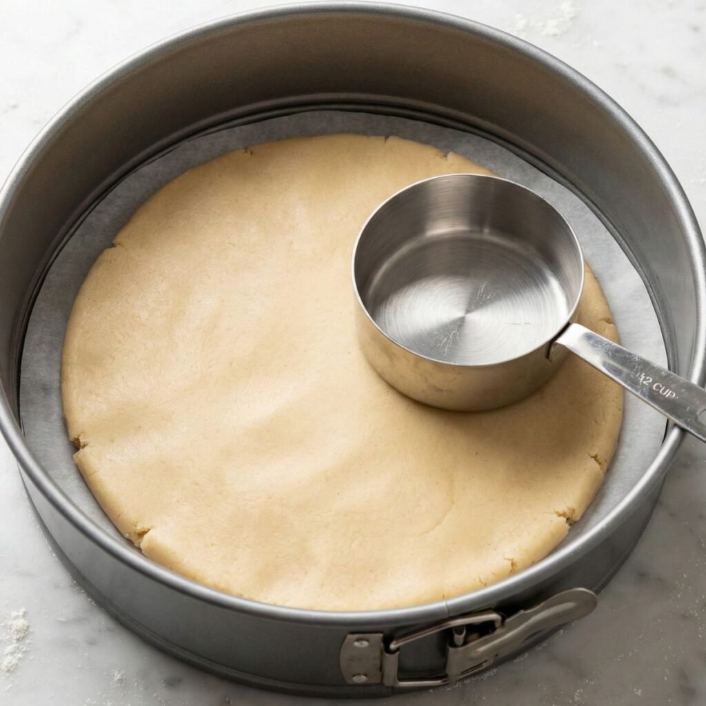 Raw sugar cookie dough pressed into a springform pan with a measuring cup resting on top.