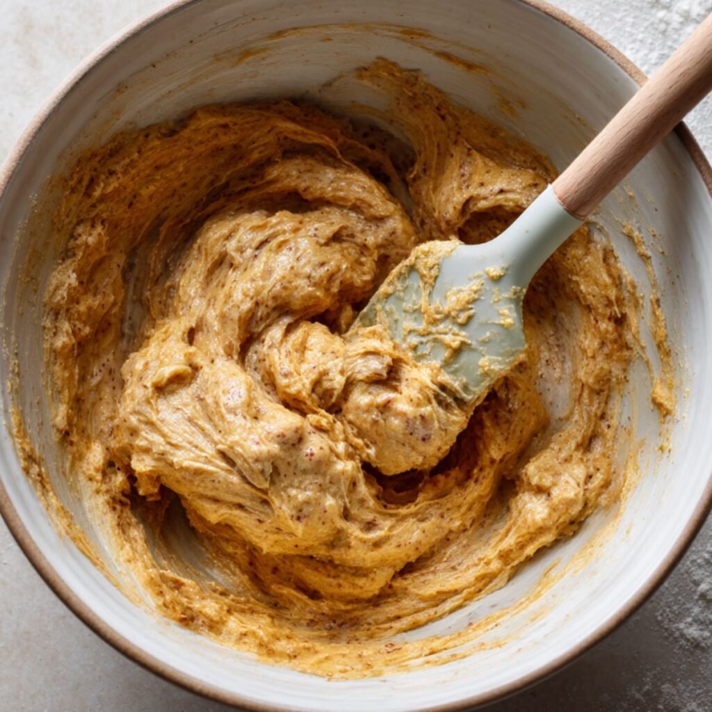 Pumpkin cinnamon roll muffin batter mixed with pumpkin puree, eggs, and warm fall spices before adding the cinnamon swirl.