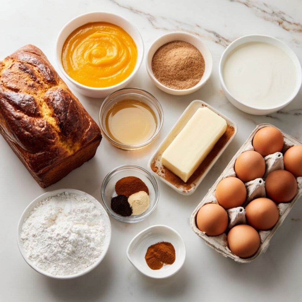 Ingredients including brioche, pumpkin puree, eggs, and spices on a white marble surface.
