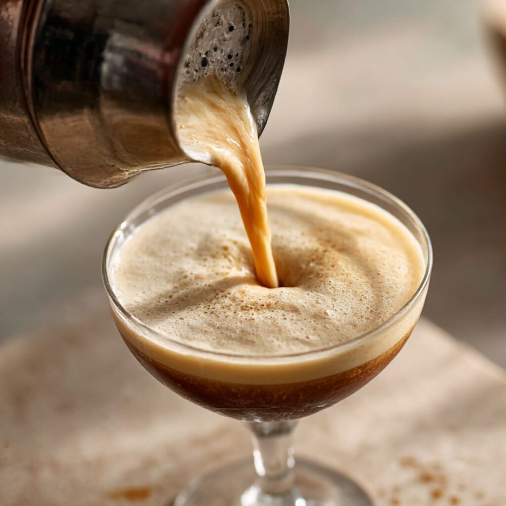 Straining a pumpkin spice espresso martini into a coupe glass with thick creamy foam forming on top.