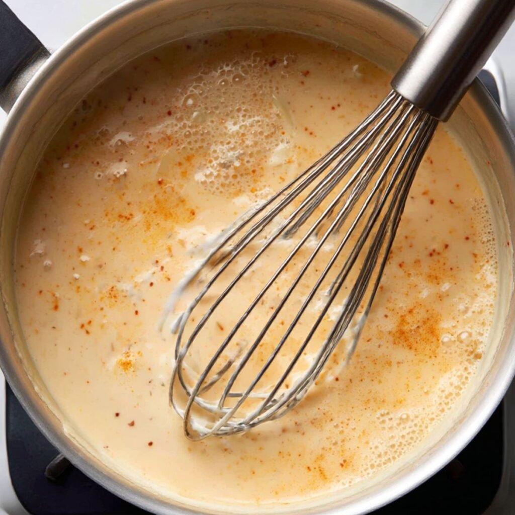 Pumpkin white hot chocolate being whisked smooth in a saucepan.