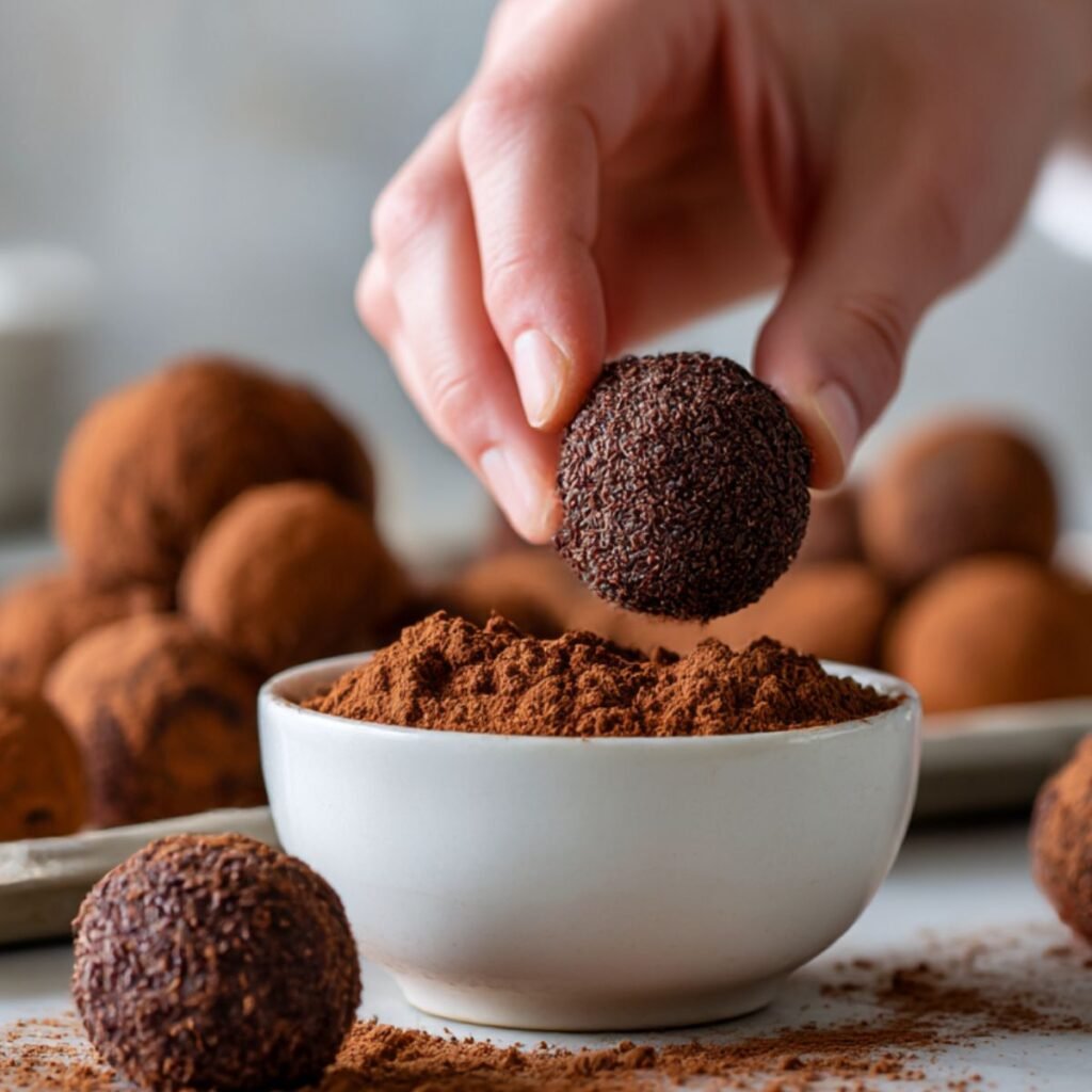 Rolling a chilled dark chocolate coffee truffle in a bowl of unsweetened cocoa powder to coat it completely.