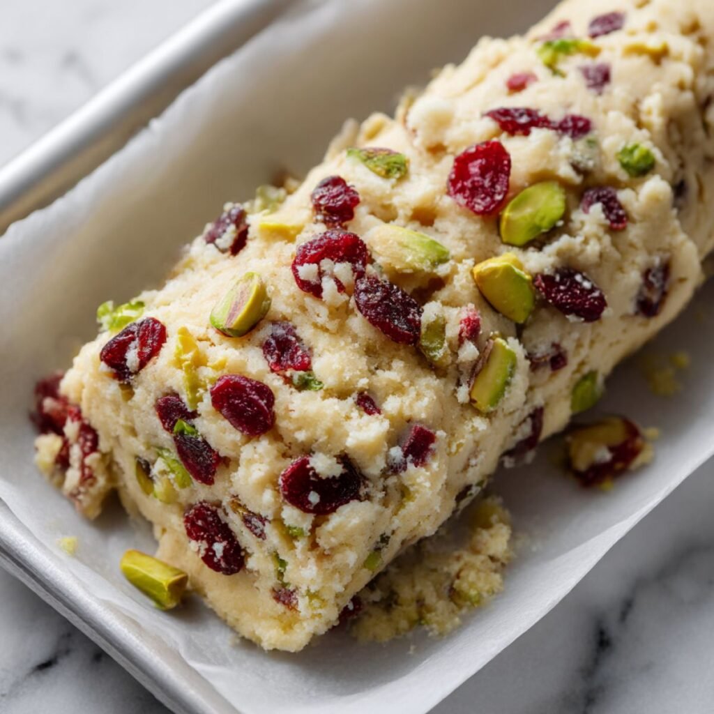 A log of raw shortbread dough speckled with cranberries and pistachios on parchment paper.