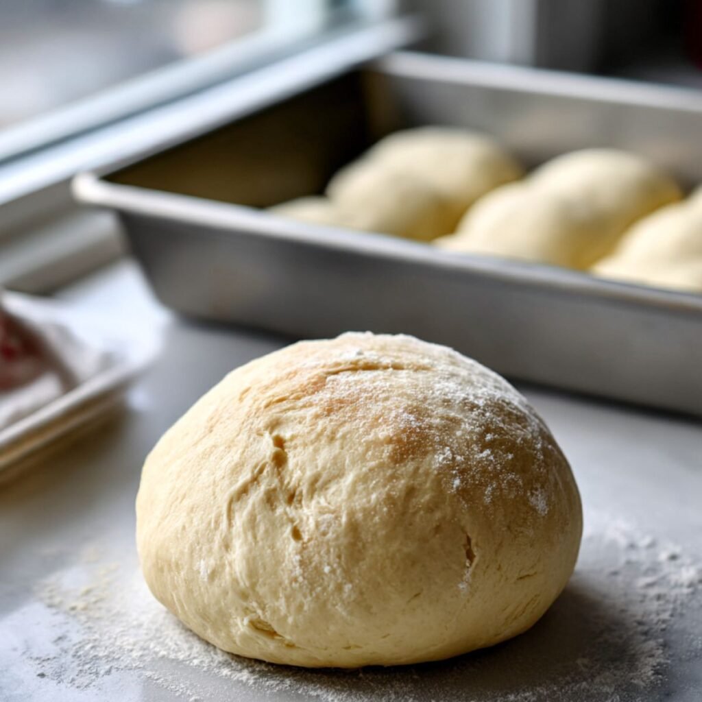 Rolling portions of dough into smooth round balls on a floured surface to prepare dinner rolls.