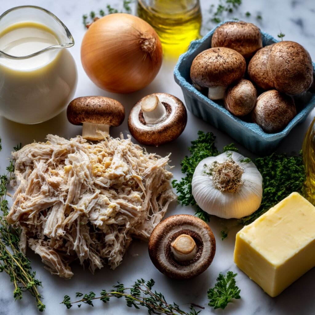 Fresh ingredients for chicken mushroom soup including rotisserie chicken, mushrooms, cream, and herbs on a white marble surface.