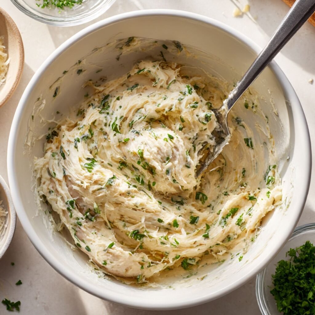Cream cheese filling mixed with garlic, parmesan, and herbs for Ruth’s Chris stuffed chicken recipe