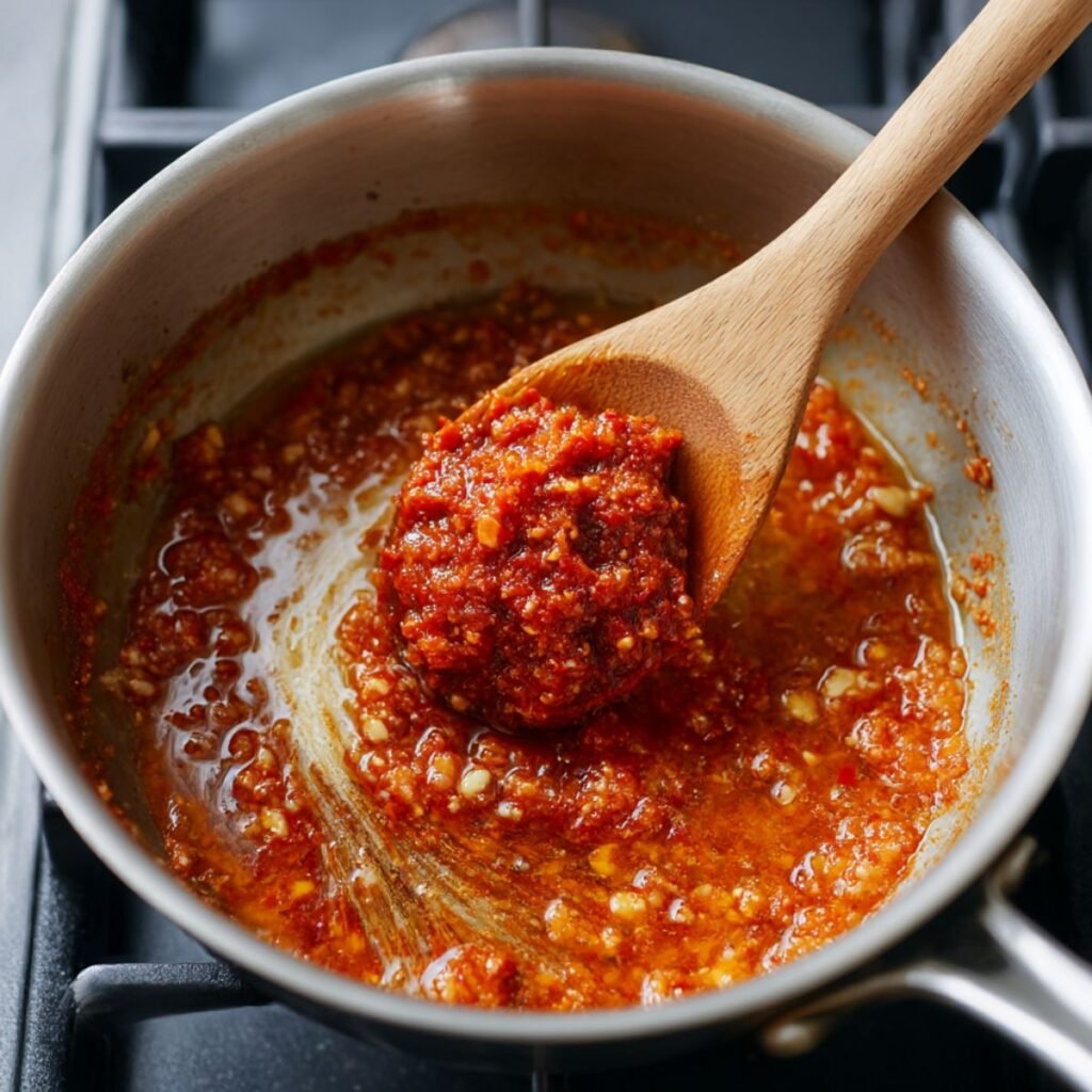 Red curry paste being sautéed with garlic and ginger in a pot with a wooden spoon.