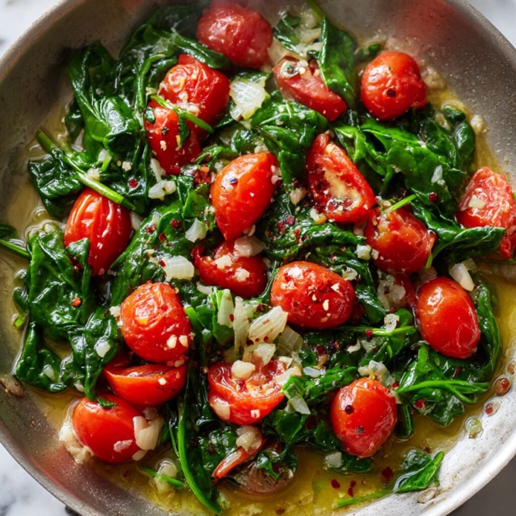 Spinach, halved cherry tomatoes, and garlic sautéing in a hot skillet with oil and seasonings.