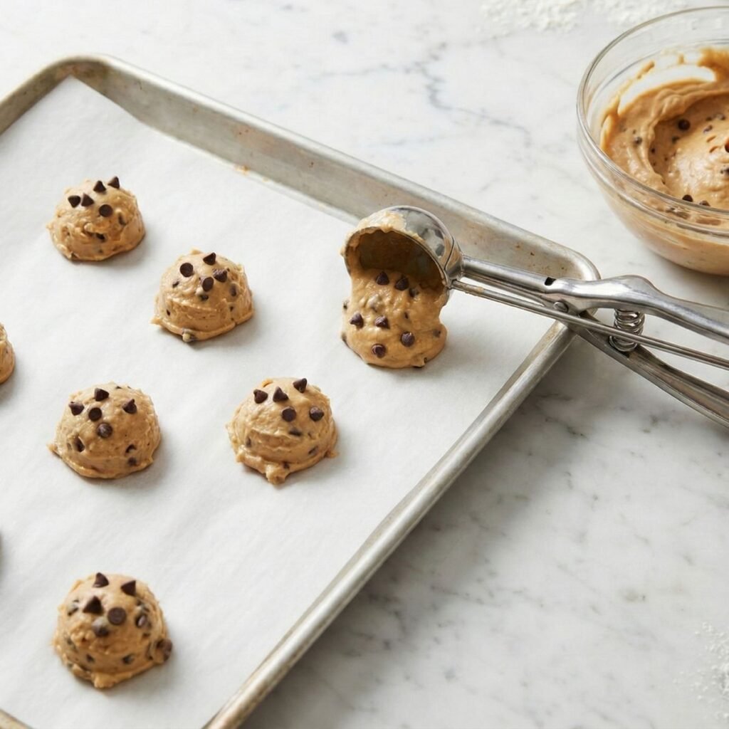 Stainless steel cookie scoop dropping a dollop of peanut butter and Greek yogurt mixture with chocolate chips onto a parchment lined baking sheet.