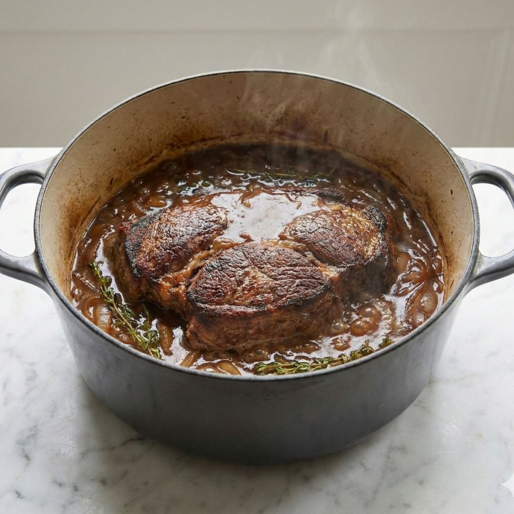 A Dutch oven on a marble counter containing a seared pot roast surrounded by rich onion gravy and thyme.