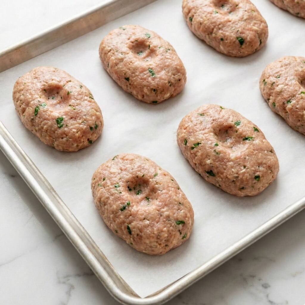 Raw oval-shaped chicken meatloaf portions with center indentations on a parchment-lined baking sheet.