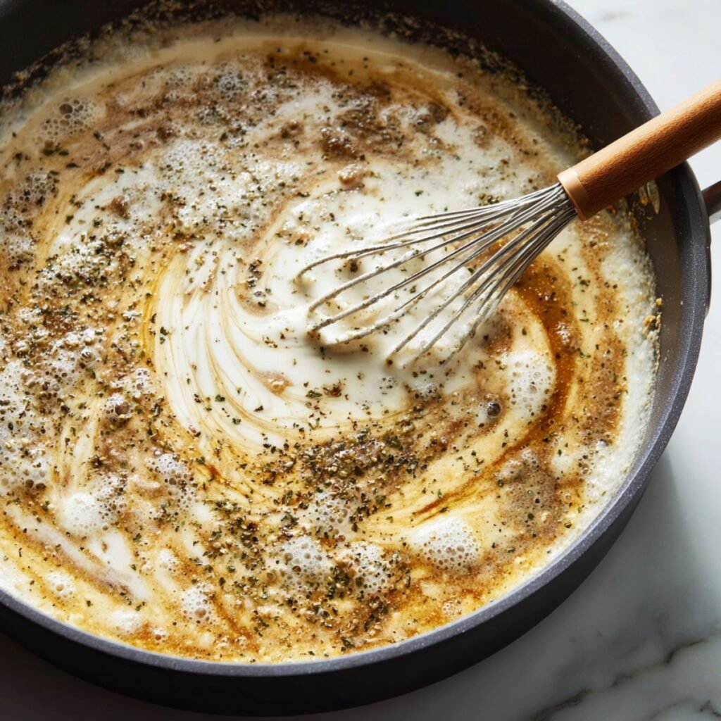 Creamy garlic parmesan sauce simmering in a cast iron skillet with a whisk.