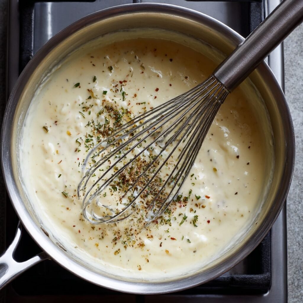 A stainless steel saucepan filled with simmering creamy parmesan sauce and a whisk.