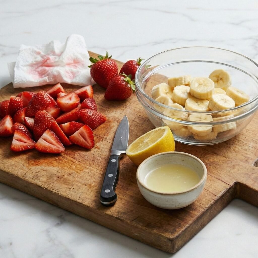 Sliced strawberries and bananas on a wooden cutting board with lemon juice and paper towels on a marble counter.