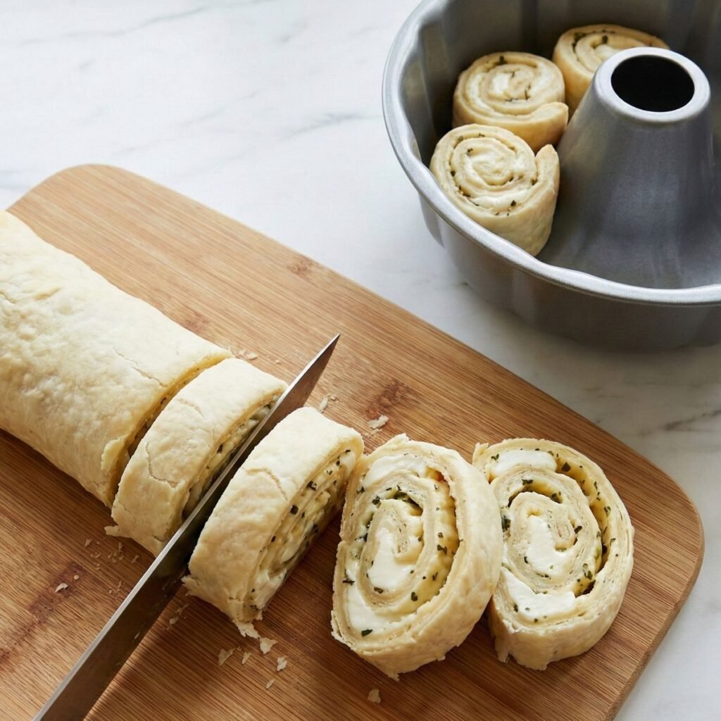 Sliced puff pastry log filled with cheese and herbs next to a bundt pan on a marble counter.