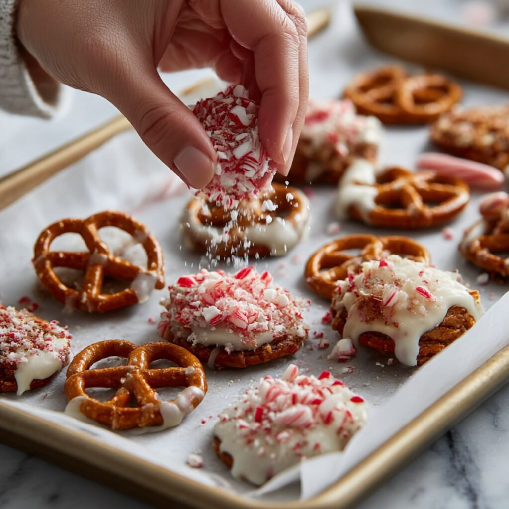 Sprinkling crushed red and white peppermint candy canes over fresh white chocolate coated pretzel crisps on a baking sheet.