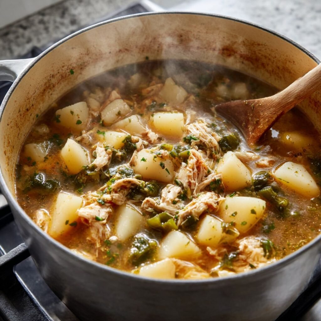 Stirring shredded chicken, diced potatoes, and roasted poblanos into chicken broth in a large pot to simmer.