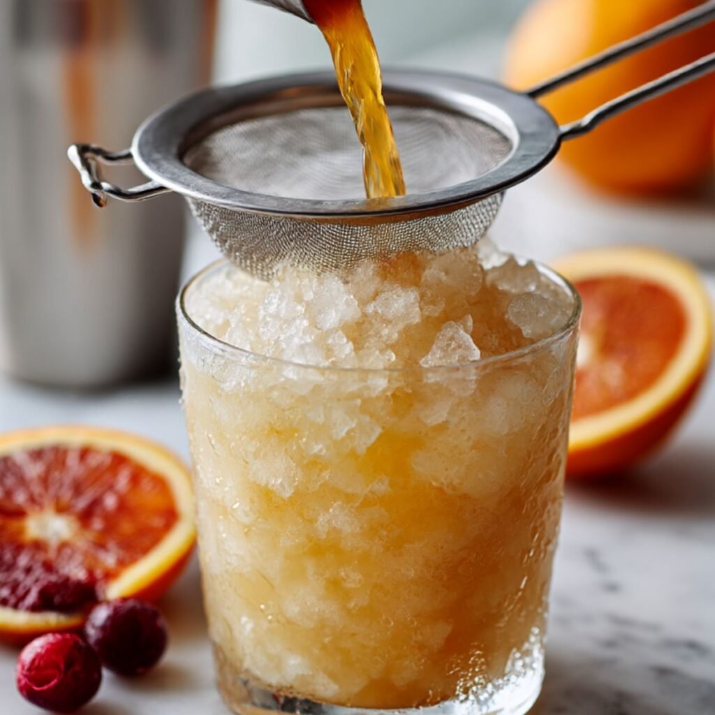 A refreshing Mai Tai cocktail being strained from a shaker into a clear glass packed with crushed ice, ready for serving on a kitchen counter with blood orange garnish nearby.