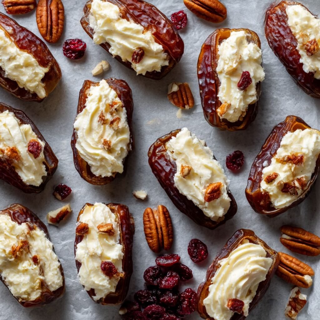 Filling medjool dates with cream cheese for stuffed dates.