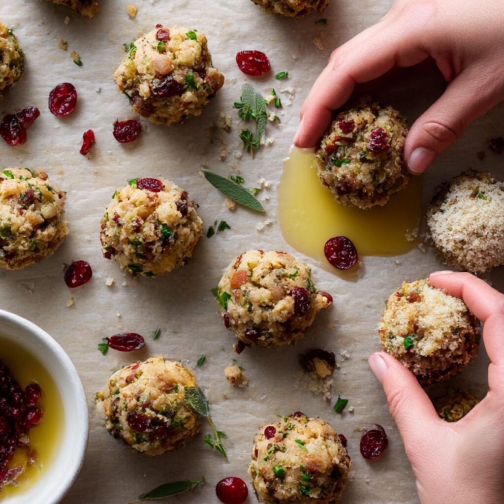 Coating homemade stuffing balls in panko breadcrumbs before baking for a crispy Thanksgiving side dish.