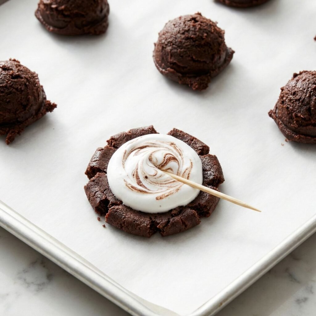 Raw chocolate cookie dough balls on parchment paper with marshmallow fluff being swirled with a toothpick.
