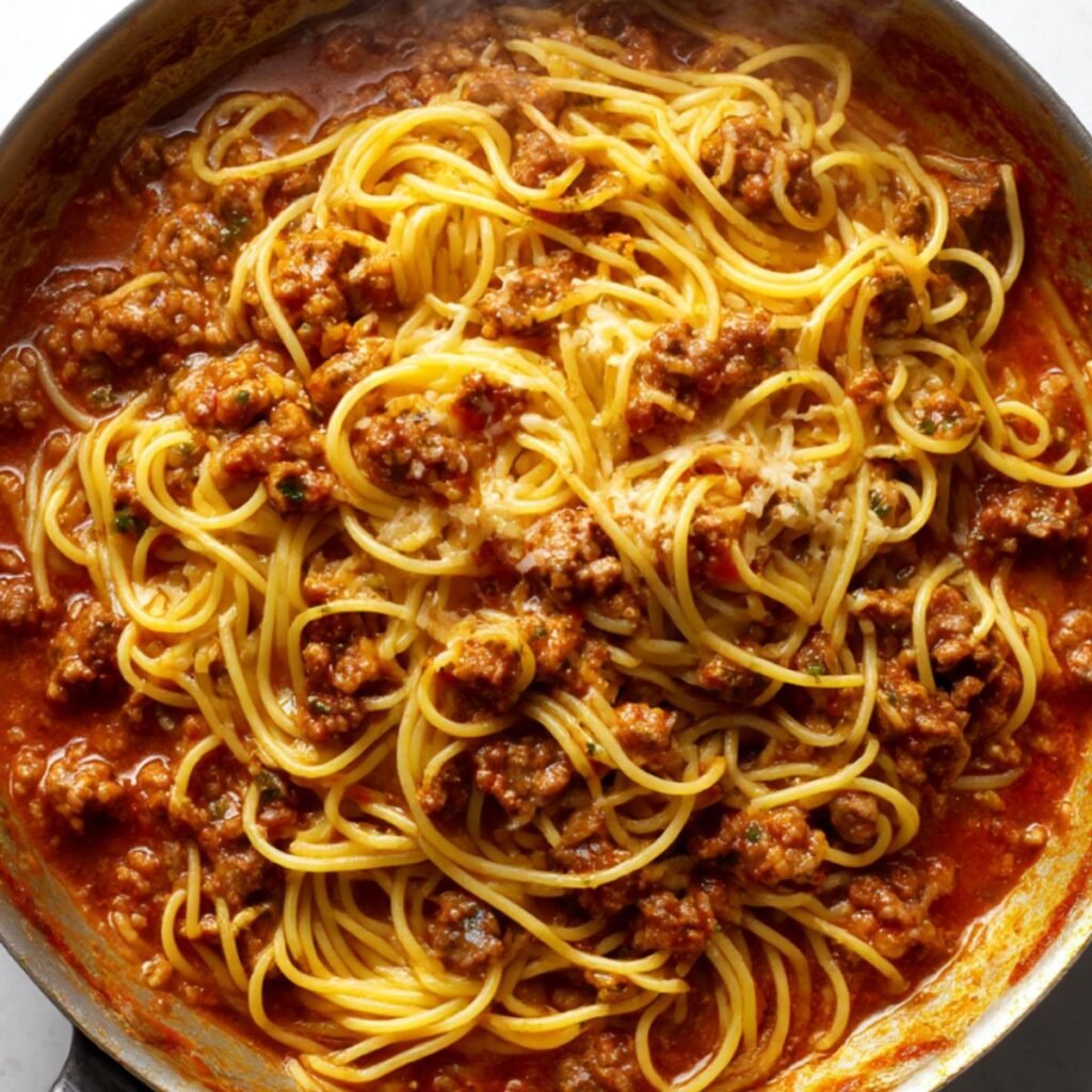 Spaghetti noodles cooking directly in taco seasoned meat sauce in a skillet.