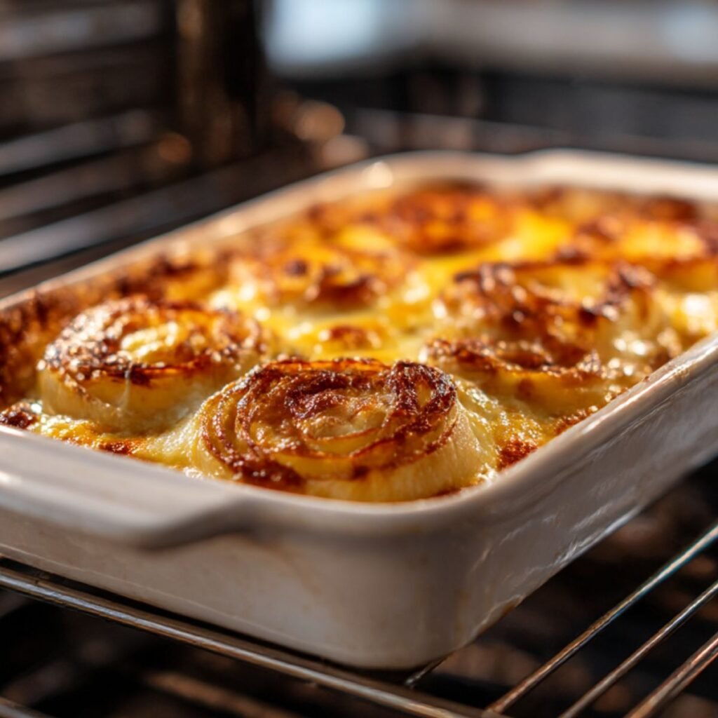 Tennessee onions baking uncovered with bubbling melted cheese and caramelized edges.