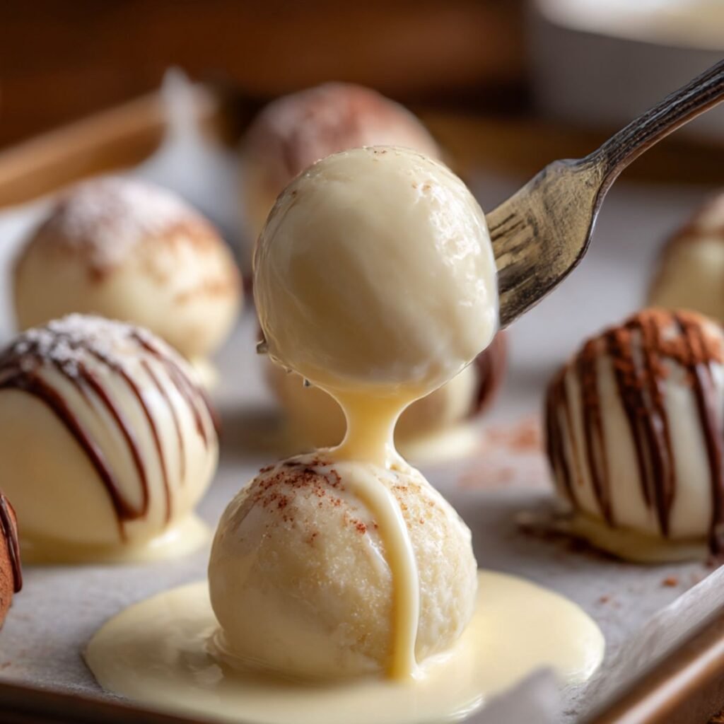 Dipping frozen tiramisu truffles into melted white chocolate before adding chocolate drizzle and cocoa dusting.